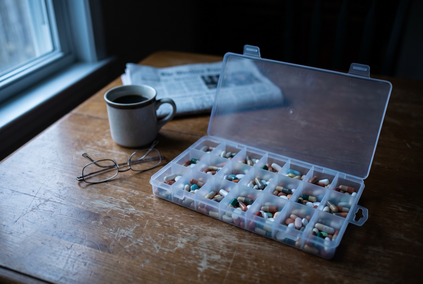 A full weekly pill organizer on a kitchen table at first light