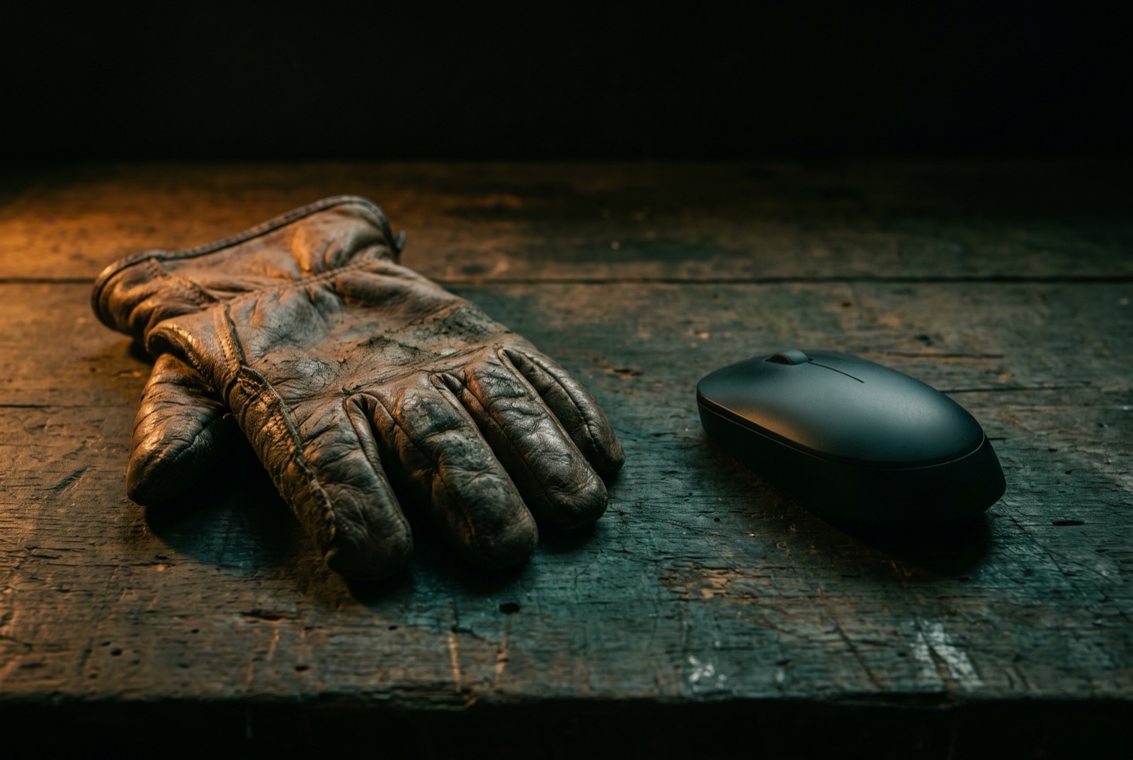 A worn leather work glove and a computer mouse side by side on a dark surface